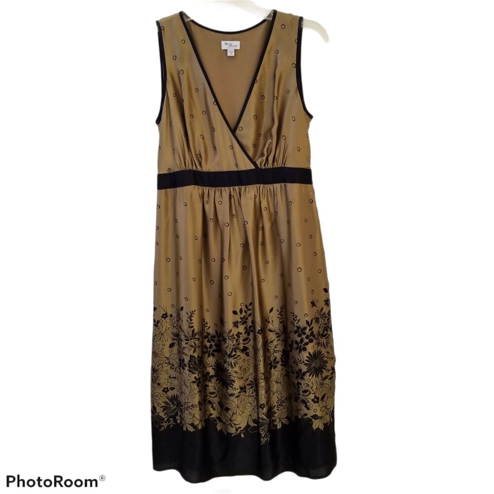 Mimi Maternity Dress Womens Small Gold Black Silk Sleeveless V-Neck Tie Back